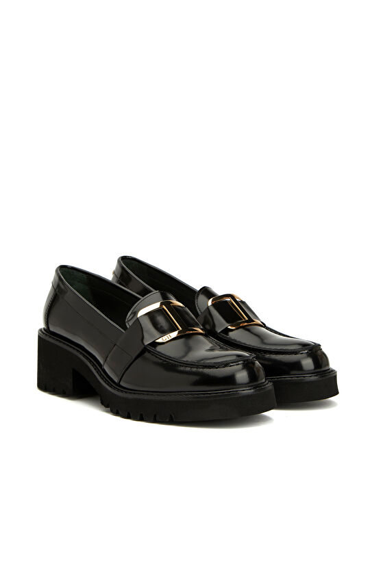 Siyah Tokalı Kadın Deri Topuklu Loafer