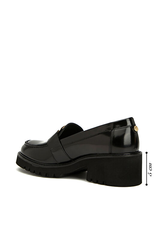 Siyah Tokalı Kadın Deri Topuklu Loafer