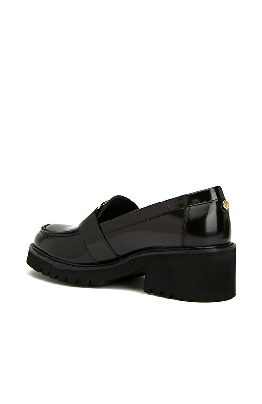 Siyah Tokalı Kadın Deri Topuklu Loafer