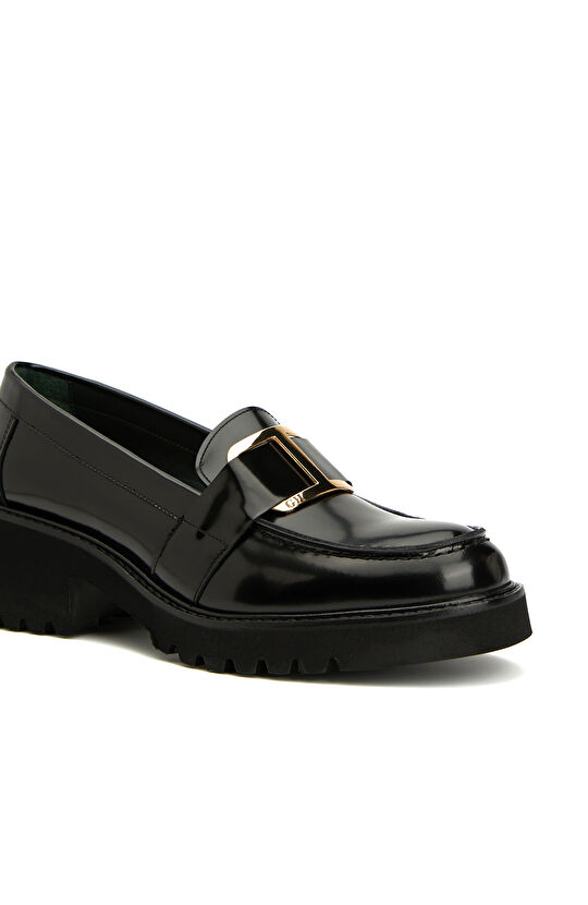 Siyah Tokalı Kadın Deri Topuklu Loafer