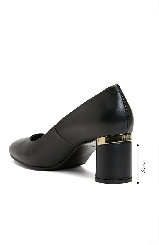 Siyah Kadın Deri Yuvarlak Burun Topuklu Ayakkabı