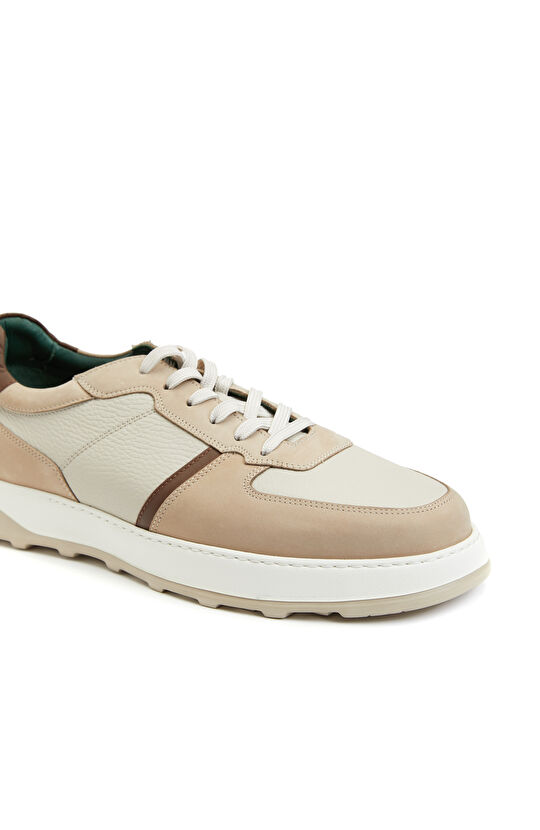 Bej Bağcıklı Erkek Deri Sneaker