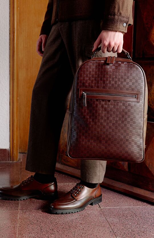 Kahverengi Baskılı Erkek Deri Sırt Çantası