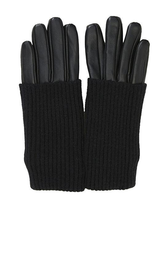 Siyah Kadın Deri Karışımlı Eldiven 