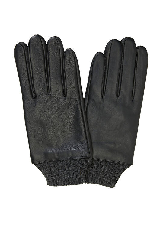 Siyah Deri Karışımlı Erkek Eldiven