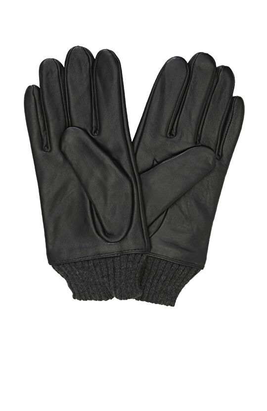 Siyah Deri Karışımlı Erkek Eldiven