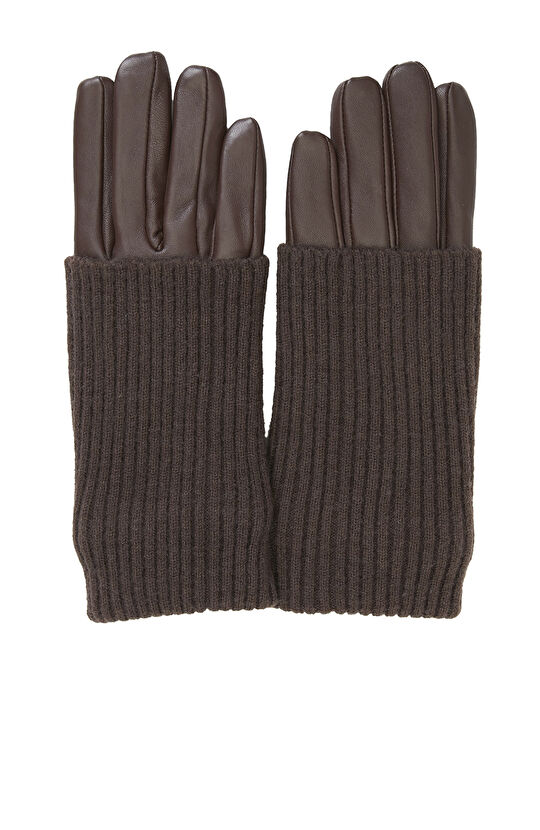 Kahverengi Kadın Deri Karışımlı Eldiven