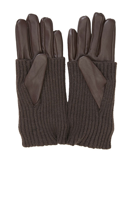 Kahverengi Kadın Deri Karışımlı Eldiven