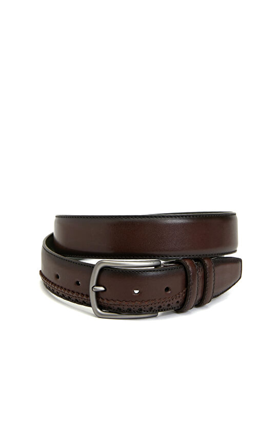 Kahverengi Erkek Baskılı Deri Kemer