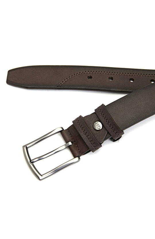 Kahverengi Dikiş Detaylı Erkek Deri Kemer