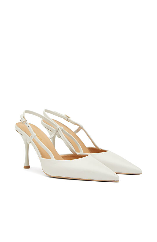 Beyaz Deri Topuklu Ayakkabı