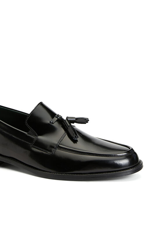 Siyah Rugan Püsküllü Deri Erkek Loafer 