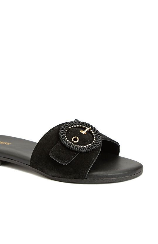 Siyah Hasır Toka Detaylı Süet Kadın Terlik