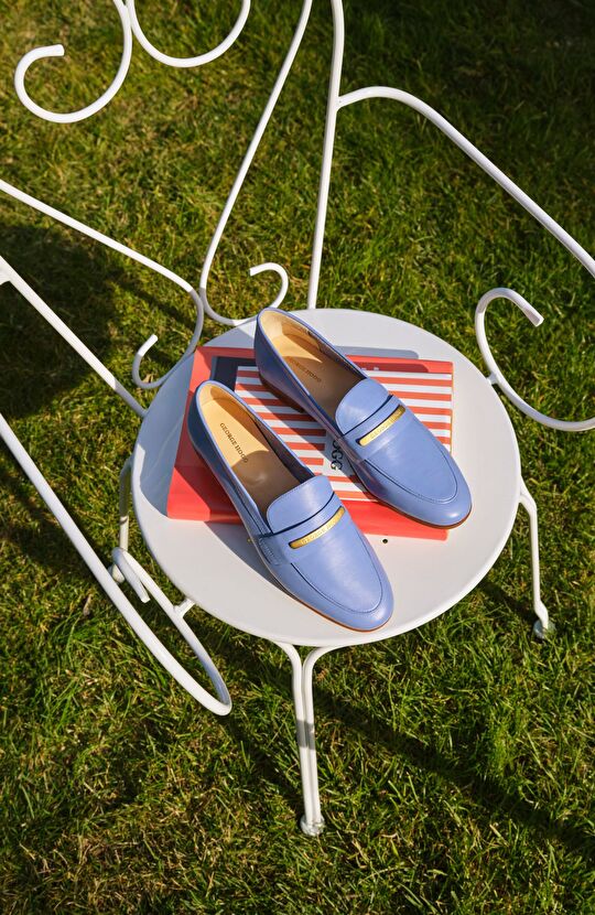 Mavi Kadın Yuvarlak Burun Deri Loafer