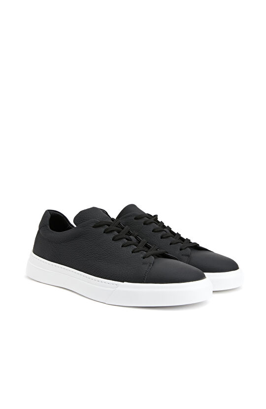 Siyah Yuvarlak Burun Erkek Deri Sneaker