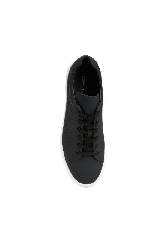 Siyah Yuvarlak Burun Erkek Deri Sneaker
