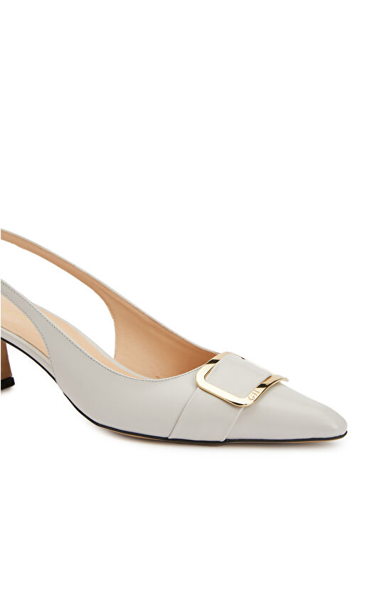 Açık Gri Deri Topuklu Ayakkabı