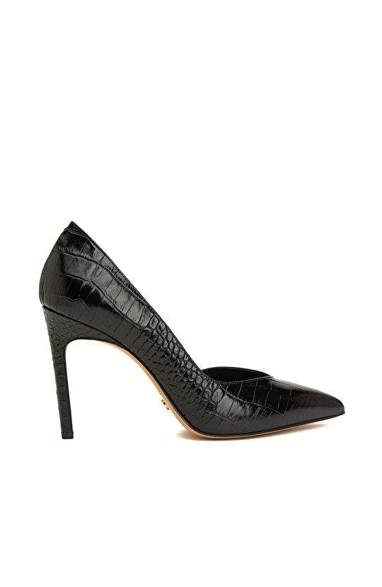 Siyah Kadın Kroko Deri Topuklu Ayakkabı
