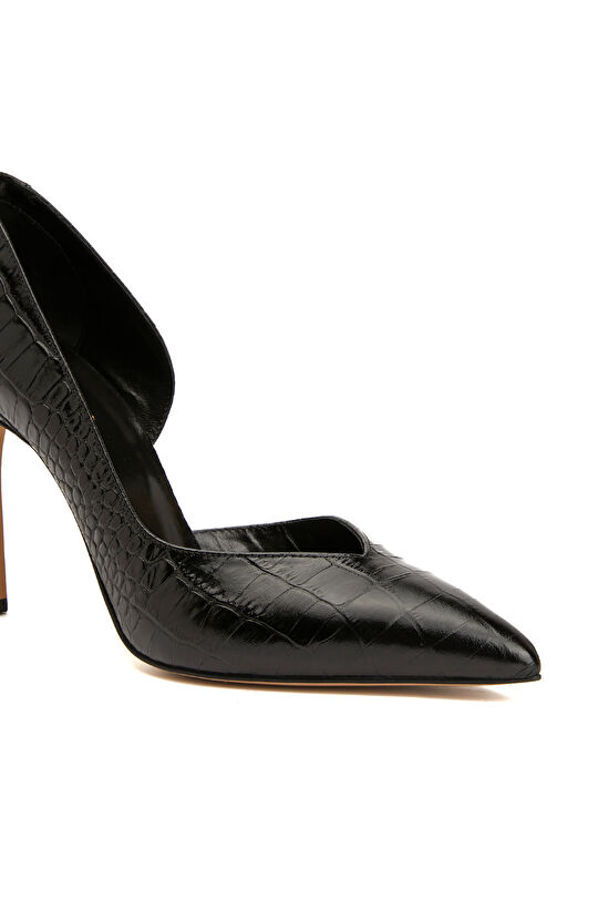 Siyah Kadın Kroko Deri Topuklu Ayakkabı