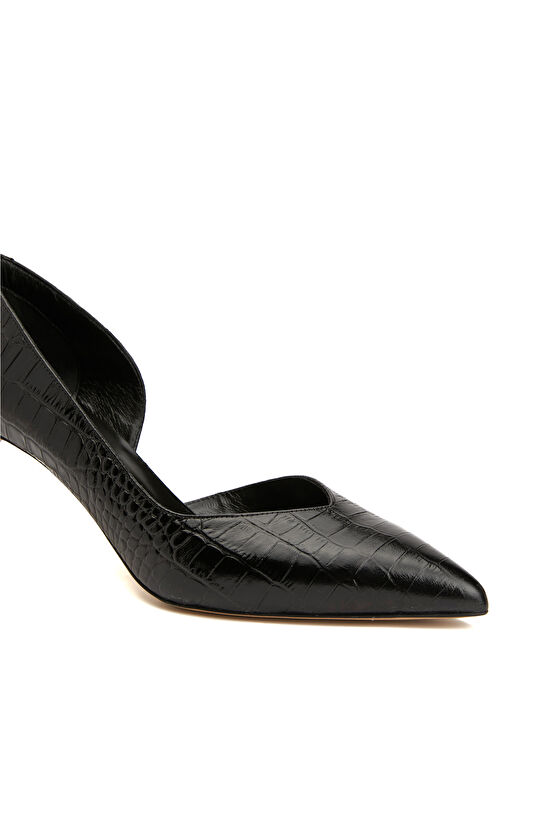 Siyah Kroko Kadın Deri Topuklu Ayakkabı