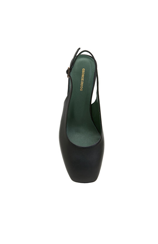 Siyah Küt Burun Deri Topuklu Ayakkabı