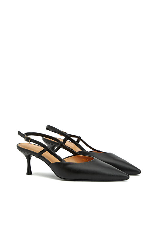 Siyah Deri Kadın Topuklu Ayakkabı