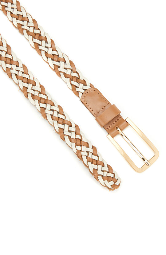 Bej Örgü Kadın Deri Kemer