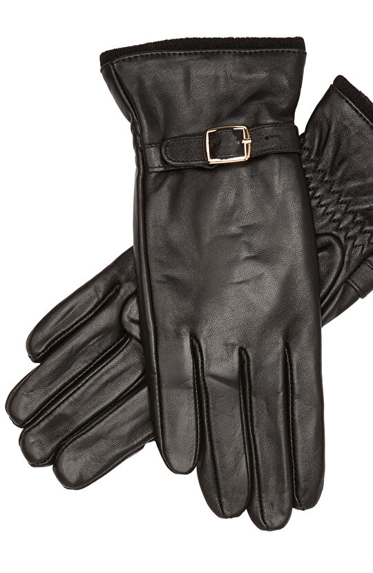 Siyah Erkek Deri Yün Karışımlı Eldiven