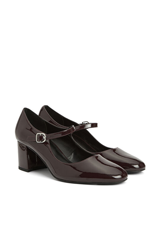 Bordo Kadın Topuklu Rugan Mary Jane Ayakkabı