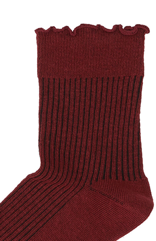 Bordo Çizgi Desenli Kadın Soket Çorap