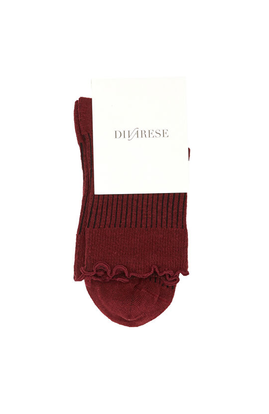 Bordo Çizgi Desenli Kadın Soket Çorap