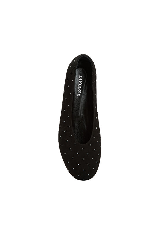 Siyah Kadın Taş Detaylı Süet Babet