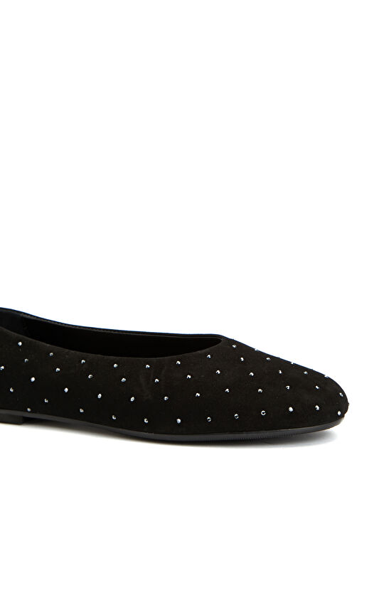 Siyah Kadın Taş Detaylı Süet Babet