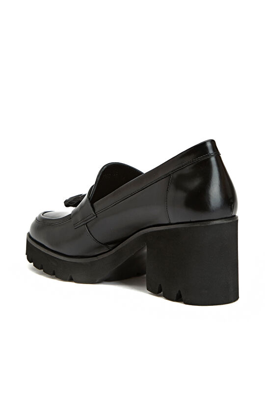 Siyah Kadın Topuklu Deri Loafer