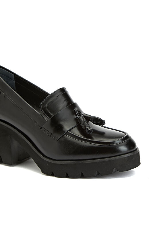 Siyah Kadın Topuklu Deri Loafer