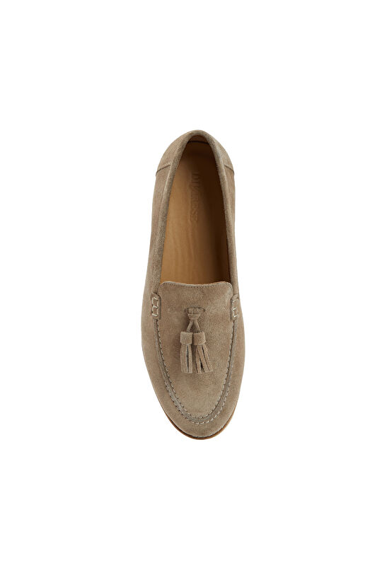Camel Püskül Detaylı Kadın Süet Deri Loafer