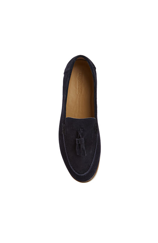 Lacivert Püskül Detaylı Kadın Süet Deri Loafer