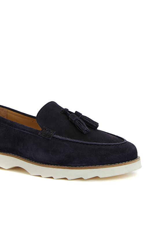 Lacivert Püskül Detaylı Kadın Süet Deri Loafer