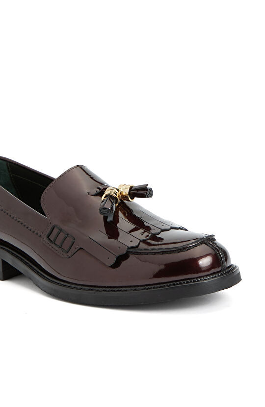 Bordo Kadın Püsküllü Rugan Deri Loafer