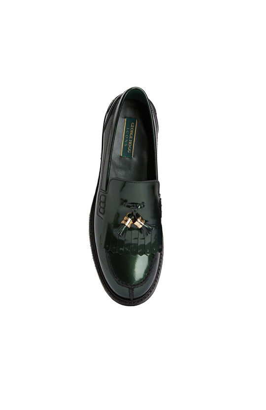 Yeşil Kadın Püsküllü Rugan Deri Loafer