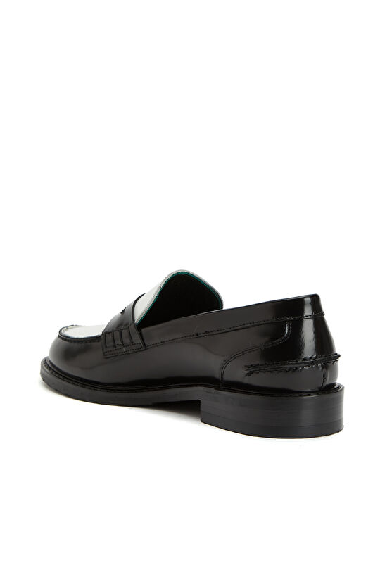 Siyah Beyaz Kadın Deri Loafer