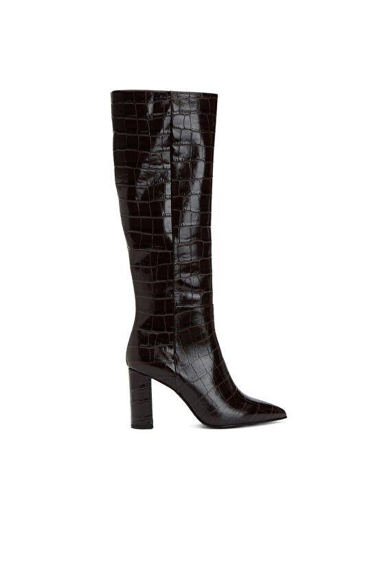Kahverengi Kroko Desenli Kadın Deri Çizme