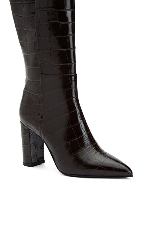 Kahverengi Kroko Desenli Kadın Deri Çizme