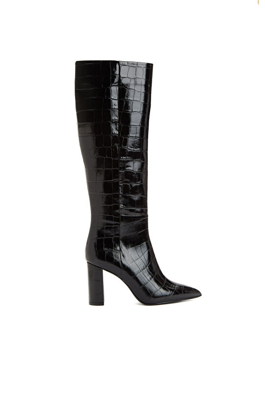 Siyah Kroko Desenli Kadın Deri Çizme