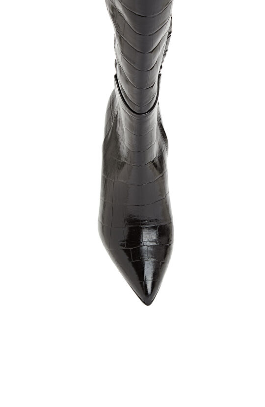 Siyah Kroko Desenli Kadın Deri Çizme