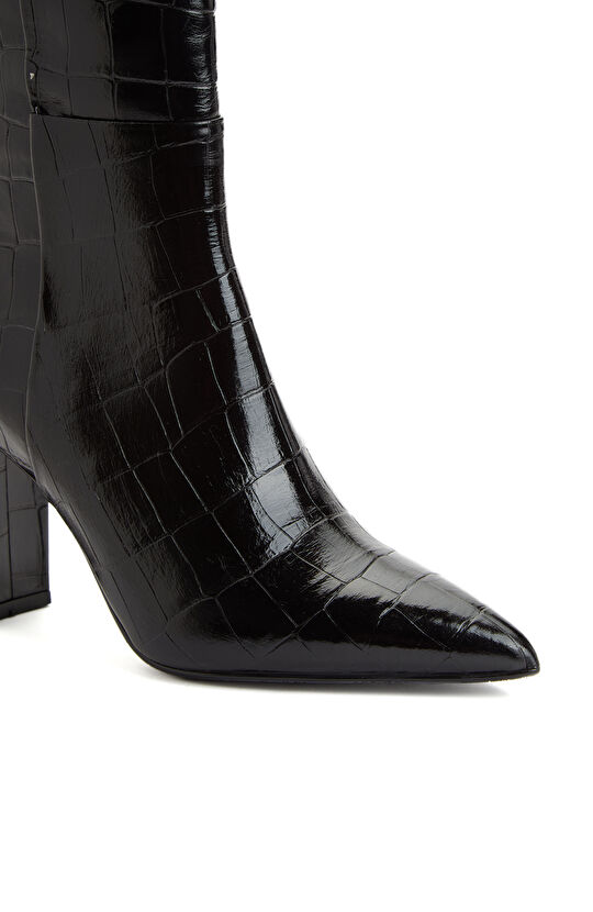Siyah Kroko Desenli Kadın Deri Çizme