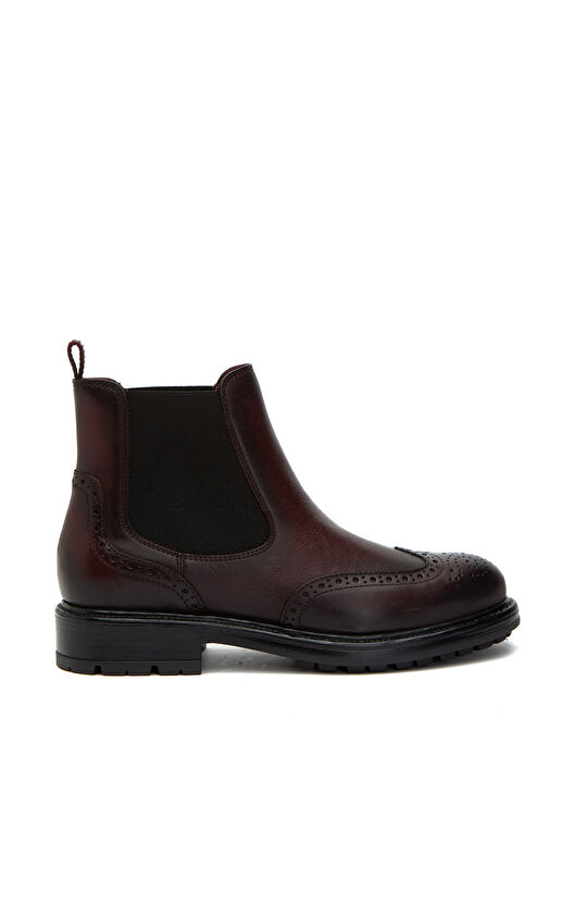 Bordo Zımbalı Lastikli Kadın Deri Bot