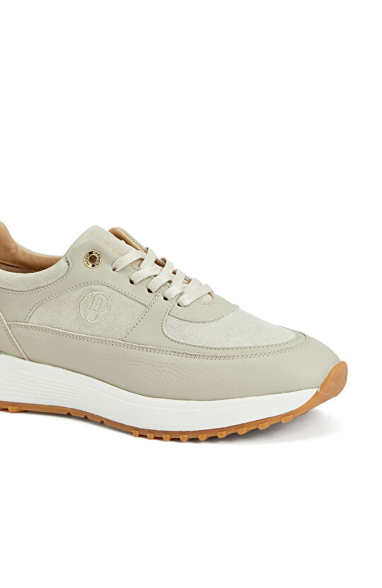 Bej Desenli Kadın Deri Sneaker