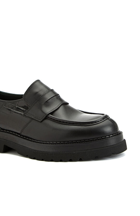 Siyah Kroko Detaylı Erkek Deri Loafer