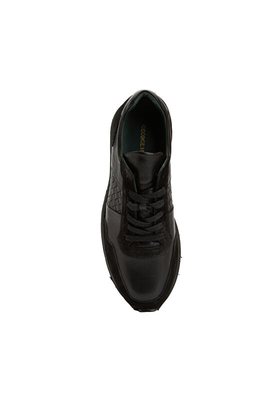 Siyah Örgü Detaylı Erkek Deri Sneaker